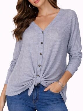 Out From Under top shirt waffle knit gray button up front knot long sleeve SZ M
